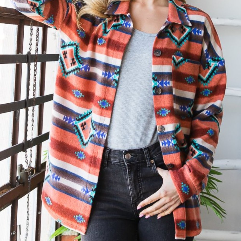 Brand New Aztec Ballon Sleeve Shacket Button Up Heimish Top